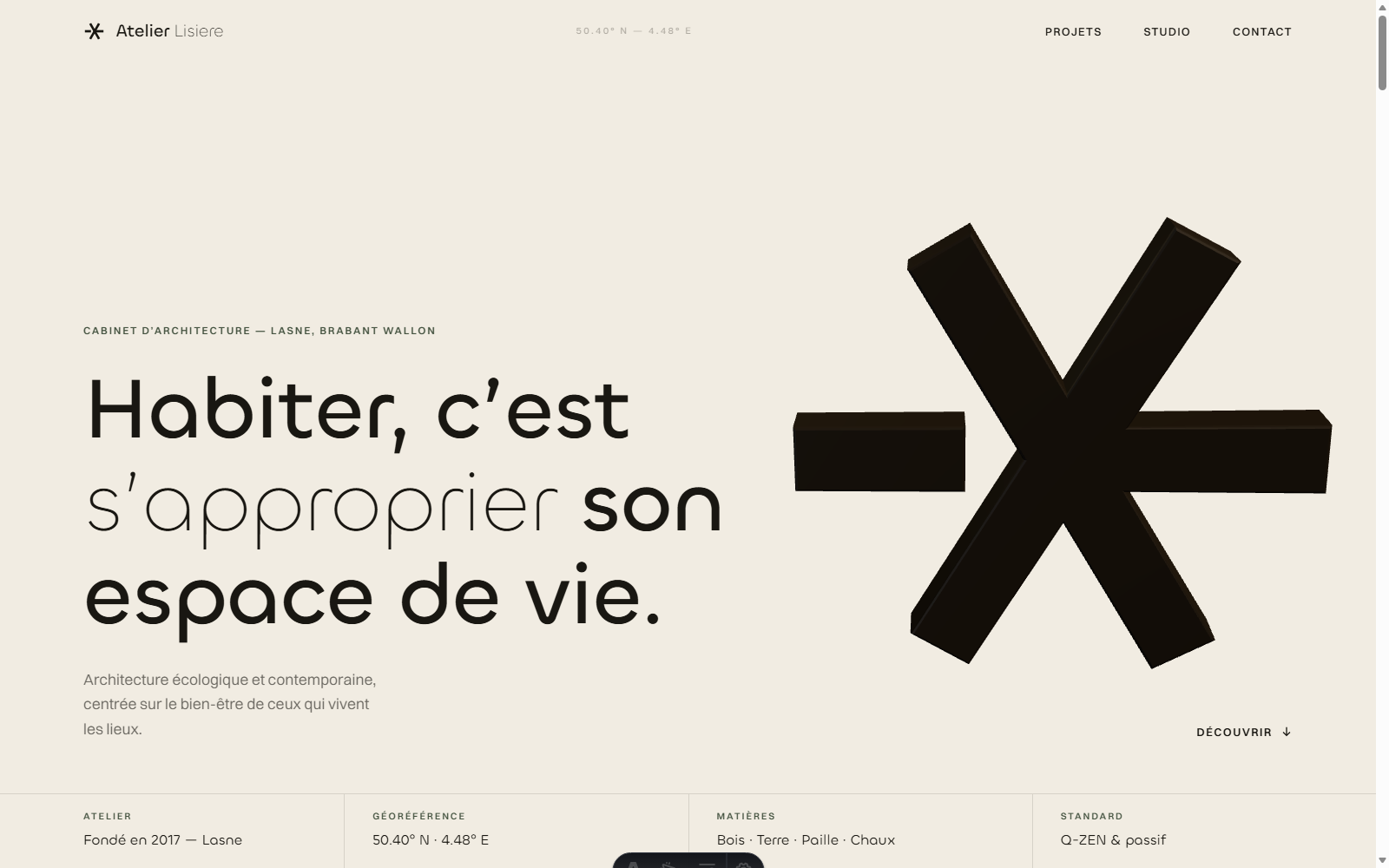 Page d'ouverture du site de démonstration Atelier Lisiere, cabinet d'architecture fictif.