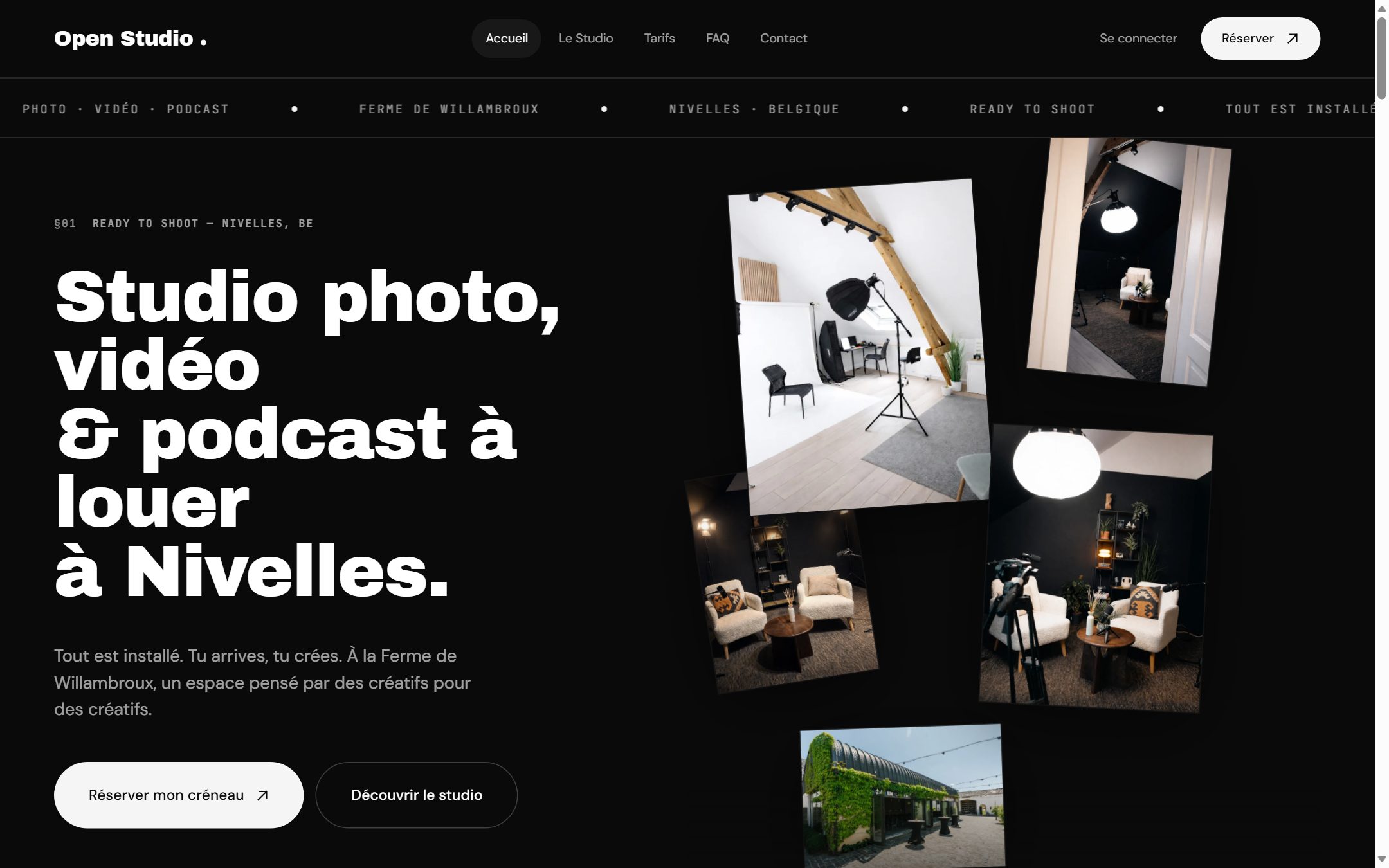 Page d'accueil du site Open Studio, studio photo et vidéo à Nivelles.