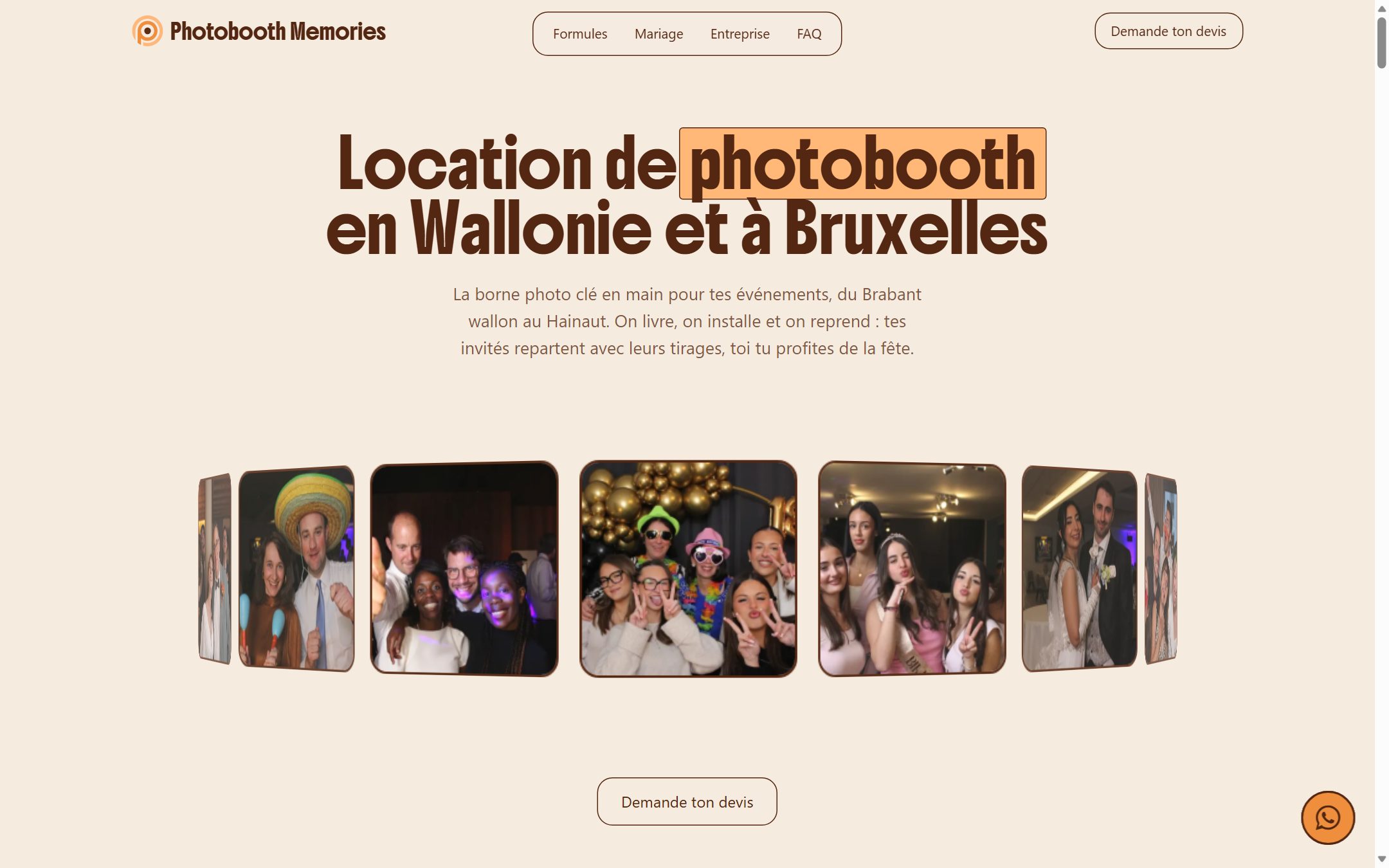 Page d'accueil du site Photobooth Memories, location de photobooth en Wallonie et à Bruxelles.