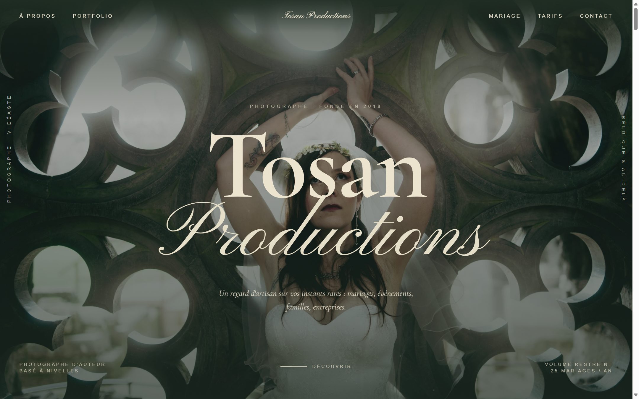 Page d'accueil du site Tosan Productions, photographe et vidéaste basé à Nivelles.